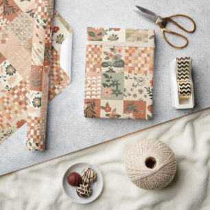 Papel De Regalo Terracotta Melocotón Edredón Earthy Gingham Cottag