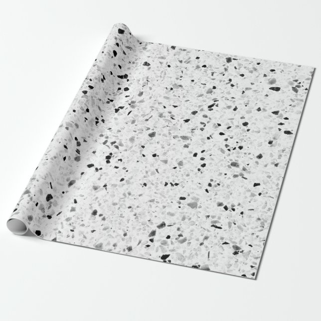 Papel De Regalo Terrazzo Elegante Negro Y Blanco Retro Gris (Desenrollado)