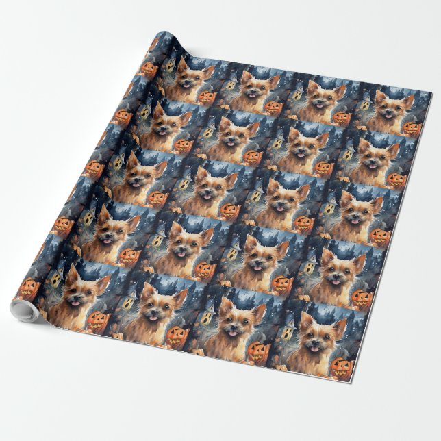 Papel De Regalo Terrier australiano de Halloween con calabazas tem (Desenrollado)