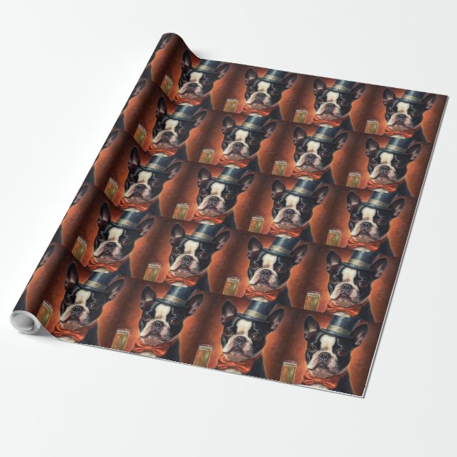 Papel De Regalo Terrier de Boston Año Nuevo (Desenrollado)