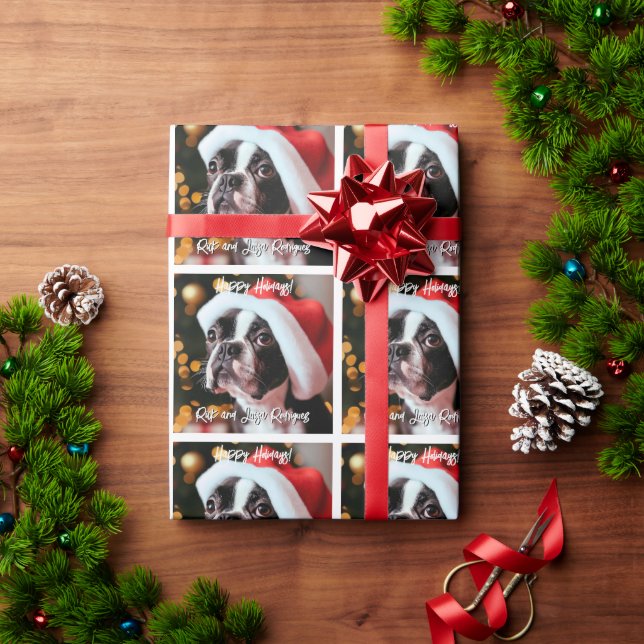 Papel De Regalo Terrier de Boston lindo con sombrero de Santa Hat  (Regalo de vacaciones)