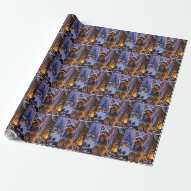 Papel De Regalo Terrier de Yorkshire con luces de Navidad Fiesta (Desenrollado)