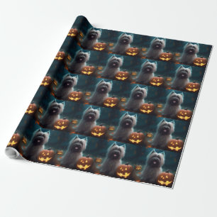 Papel De Regalo Terrier Skye de Halloween con calabazas espeluznan