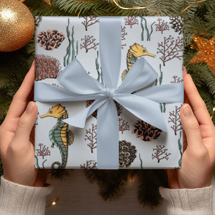 Papel De Regalo Tesoros costeros caballitos de mar y corales náuti