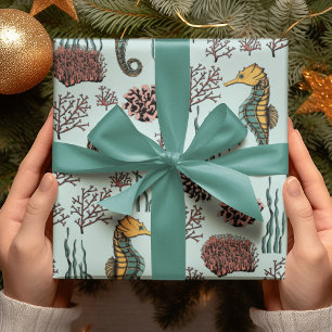 Papel De Regalo Tesoros costeros caballitos de mar y corales náuti