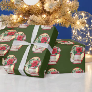 Papel De Regalo Tetera antigua con Navidad de poinsettias 
