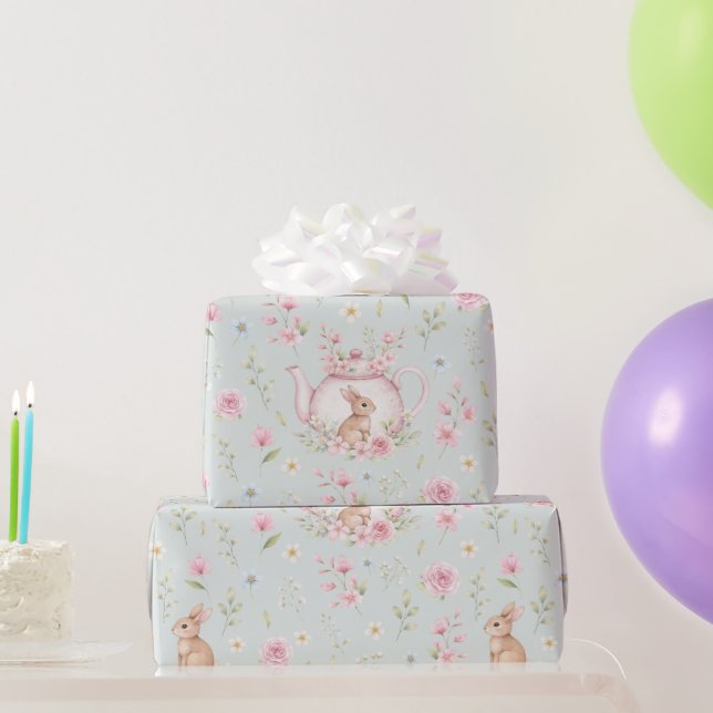 Papel De Regalo Tetera Conejo Caprichoso Floral  (Regalos de fiesta)
