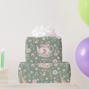 Papel De Regalo Tetera Conejo Caprichoso Patrón Floral de Primaver