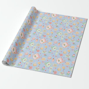 Papel De Regalo Tetera de acuarela pastel grande sobre azul
