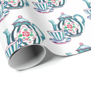 Papel de Regalo - Tetera de Rayas Azules, Taza y P