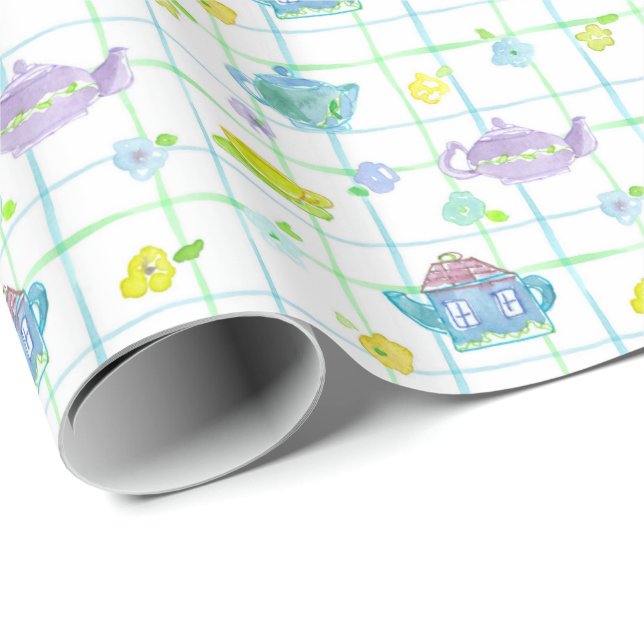 Papel De Regalo Tetera Flores Acuarela Pastel (Esquina del rollo)