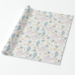 Papel De Regalo Tetera rosa azul Tazas de té Pájaros sobre blanco