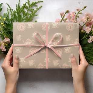 Papel De Regalo  Tetera Tazas Platos de Chinoiserie Blanca Melocot