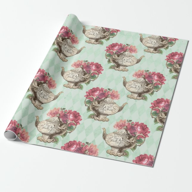 Papel De Regalo Teteras antiguas y Rosas (Desenrollado)