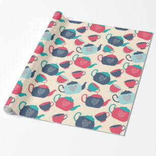 Papel De Regalo Teteras azules y rojas y tazas de té