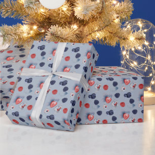 Papel De Regalo Teteras, Tazas, Bayas Coloridas Sobre Azul Claro