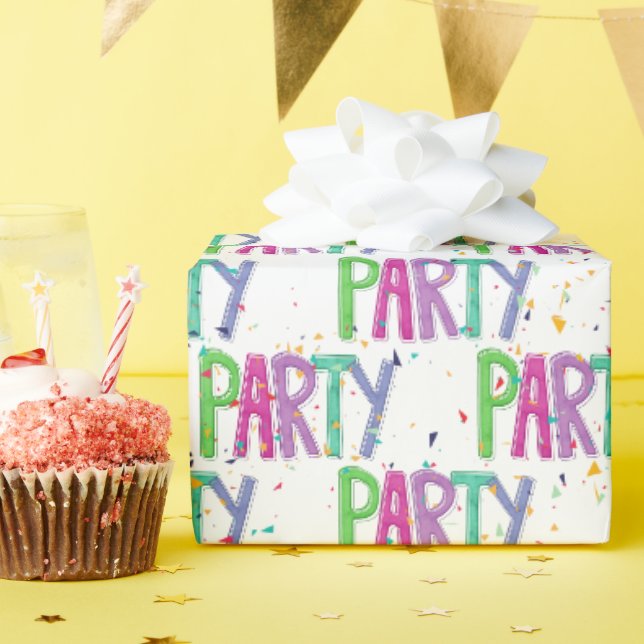 Papel De Regalo Texto de fiesta y confeti en blanco (Fiesta de cumpleaños )