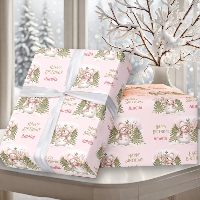 Papel De Regalo Texto de nombre de Chica rosado de invierno de inv (Cute Snowman Winter Vintage Pink Girl Name Text Wrapping Paper)