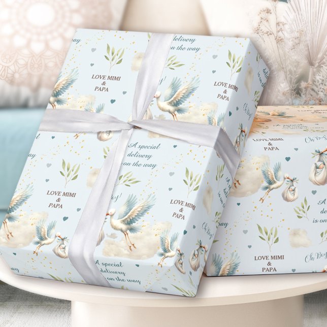 Papel De Regalo Texto de nombre de Recién nacido de almacenamiento (Special Delivery Blue Stork New Baby Name Text Wrapping Paper)