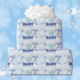 Papel De Regalo Texto de nombre personalizado de Baby Shower azul 