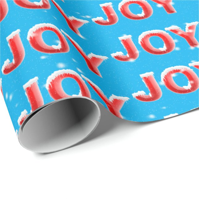 Papel De Regalo Texto JOY con copos de nieve sobre fondo turquesa (Esquina del rollo)