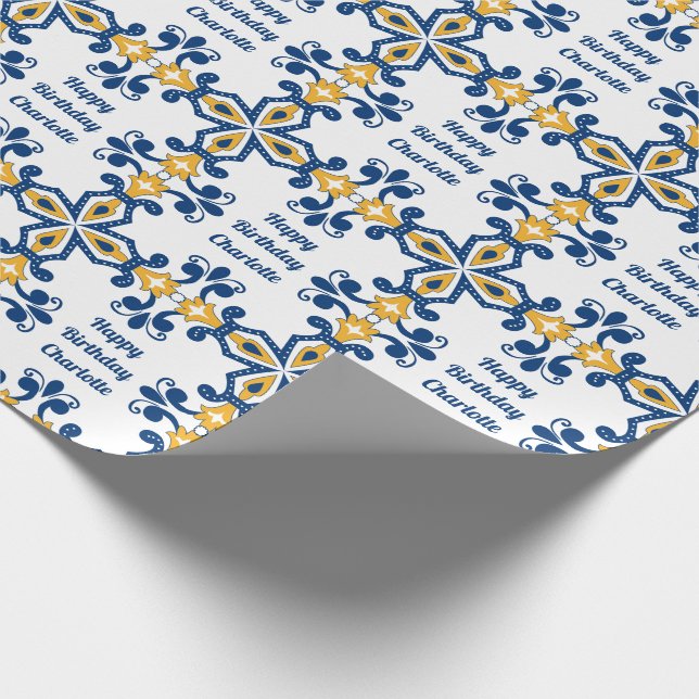Papel De Regalo texto personalizado 💙 💛 Azulejos azules y amaril (Esquina)