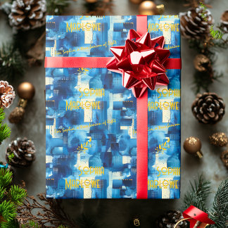 Papel De Regalo Texto personalizado de ajuste de regalo azul de re