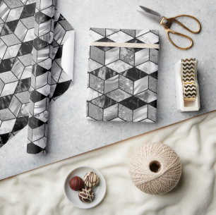 Papel De Regalo Textura geométrica de mármol negro, plata y blanco