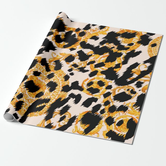 Papel De Regalo Textura leopardo con estampado barroco dorado (Desenrollado)