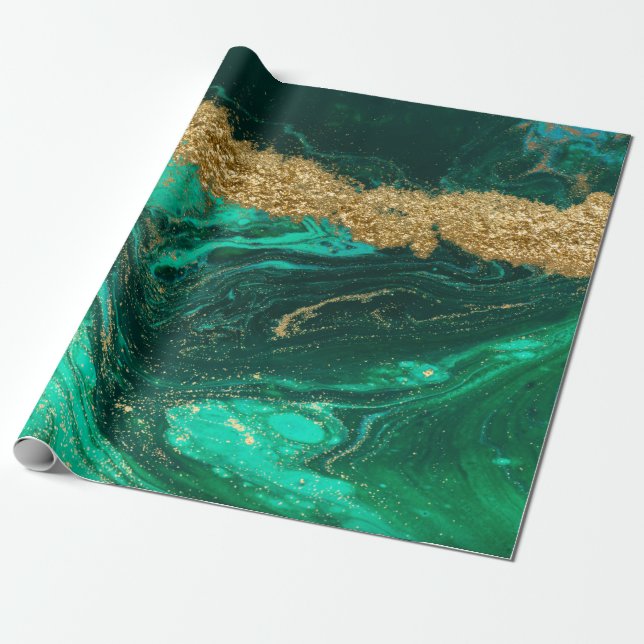 Papel De Regalo Textura moderna de piedra de mármol verde de oro d (Desenrollado)