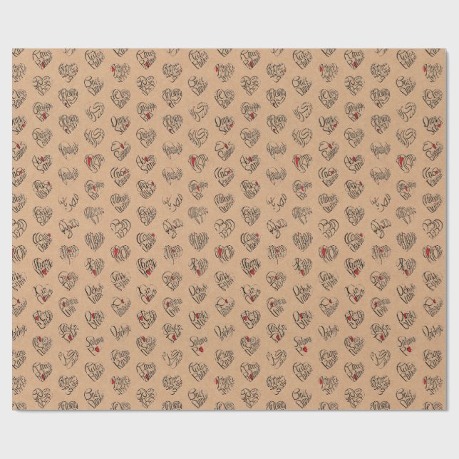 Papel De Regalo Thank you & heart in 44langs as BK ♡shaped pattern (Superficie plana)
