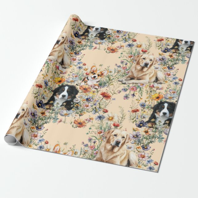 Papel De Regalo Three Dogs in Wildflowers Seamless  (Desenrollado)