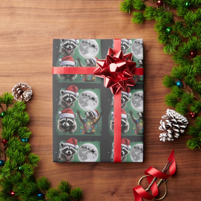 Papel De Regalo Three Raccoons With The Moon Galaxy Christmas  (Regalo de vacaciones)