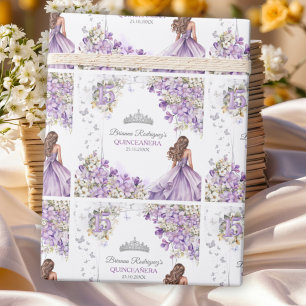 Papel De Regalo Tiara Floral de Mariposa de Plata Lavanda Quinceañ