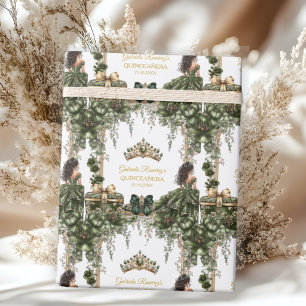Papel De Regalo Tiara Floral Quinceañera Verde Esmeralda Dorada