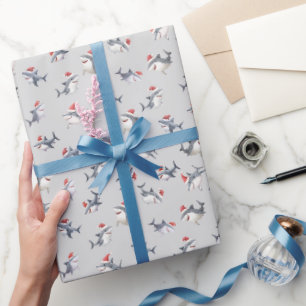 Papel De Regalo Tiburones de Navidad Lanzados sobre Gris Claro