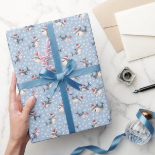 Papel De Regalo Tiburones de Navidad y copos de nieve en azul clar