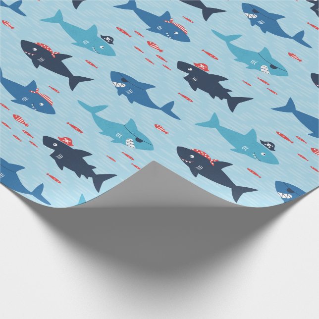 Papel De Regalo Tiburones graciosos y agudos con gorras piratas en (Esquina)