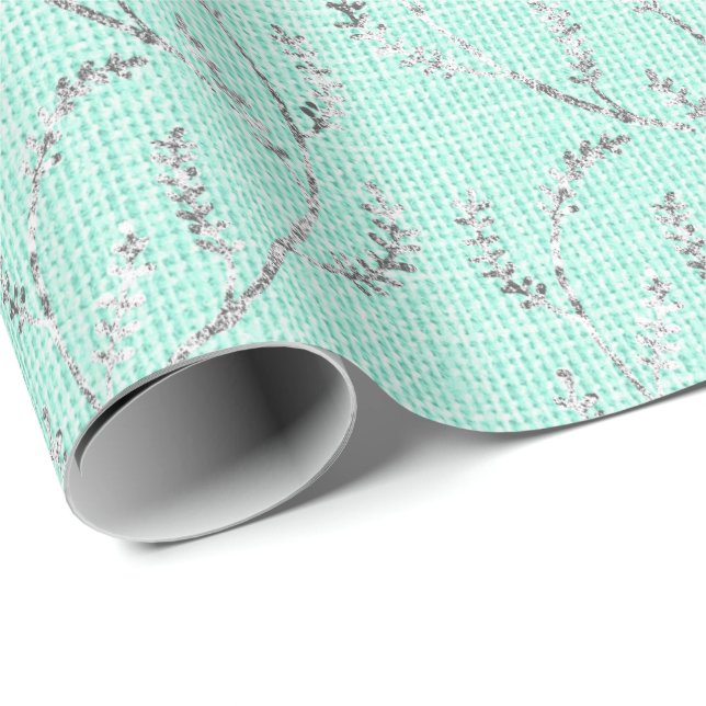 Papel De Regalo Tiffany Mint Aqua Linen Silver Sparkly Laurel (Esquina del rollo)