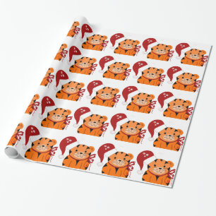Papel De Regalo Tigre Adorable con Gorro de Santa