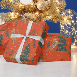 Papel De Regalo Tigre de árbol de Navidad verde y rojo único