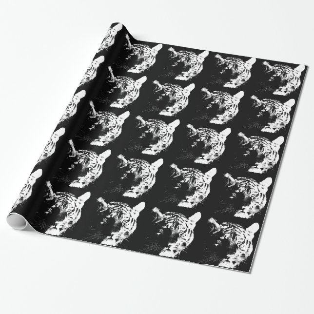 Papel De Regalo Tigre de arte pop blanco y negro (Desenrollado)