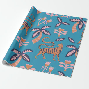 Papel De Regalo tigre de color retro vintage, palmera, costurero f