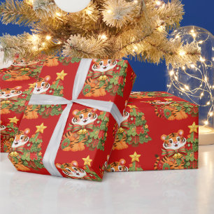 Papel De Regalo Tigre de los Navidades de parchwork con árbol de N