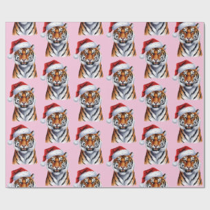 Papel De Regalo Tigre de moda con sombrero de Santa Navidad rosa