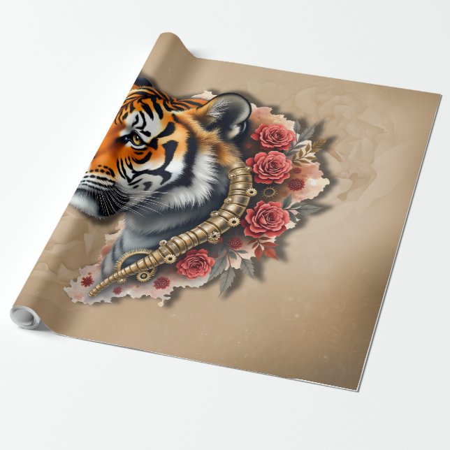 Papel De Regalo Tigre de vapor con Ilustracion de Rosas. (Desenrollado)