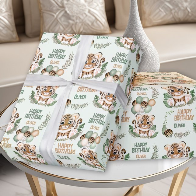 Papel De Regalo Tigre lindo salvaje un niño primer cumpleaños verd (Cute Tiger Wild One Boy 1st Birthday Green Wrapping Paper)