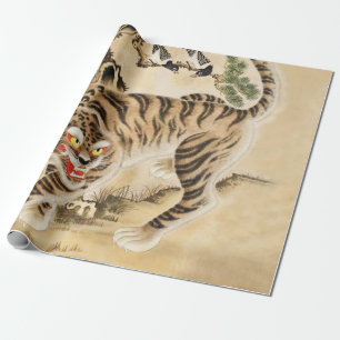 Papel De Regalo Tigre Minhwa de época bajo árbol de pino