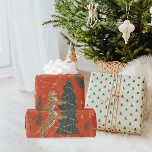 Papel De Regalo Tigre navideño con árbol de Navidad