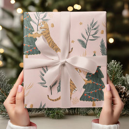 Papel De Regalo Tigre navideño vintage con árbol de Navidad rosado